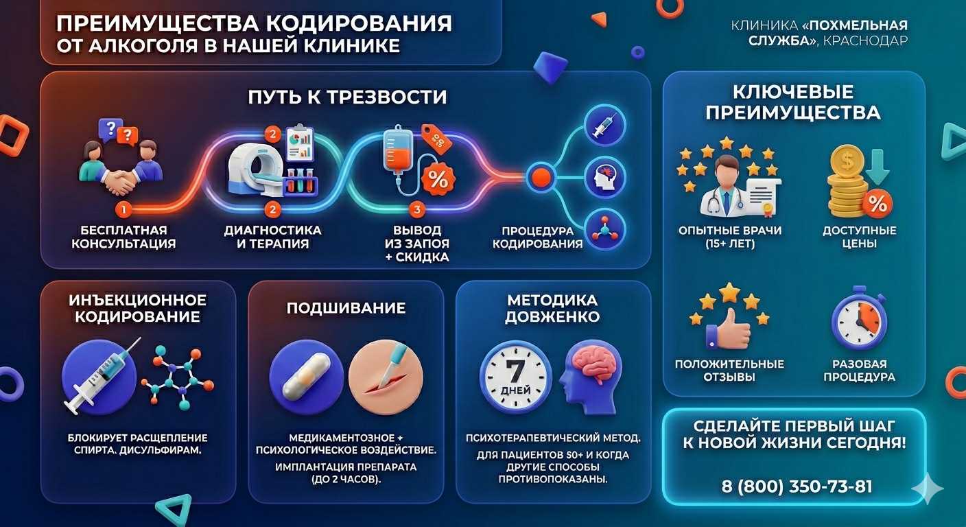Инфографика о методах кодирования от алкоголя в Курсавке: инъекции, подшивание, метод Довженко. Преимущества клиники и этапы лечения.