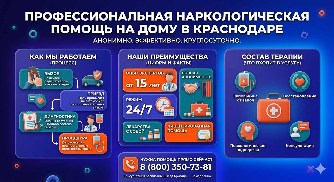 Инфографика о принципах лечения алкоголизма на дому в Курсавке: этапы вызова нарколога, преимущества анонимной детоксикации и состав медицинской помощи.